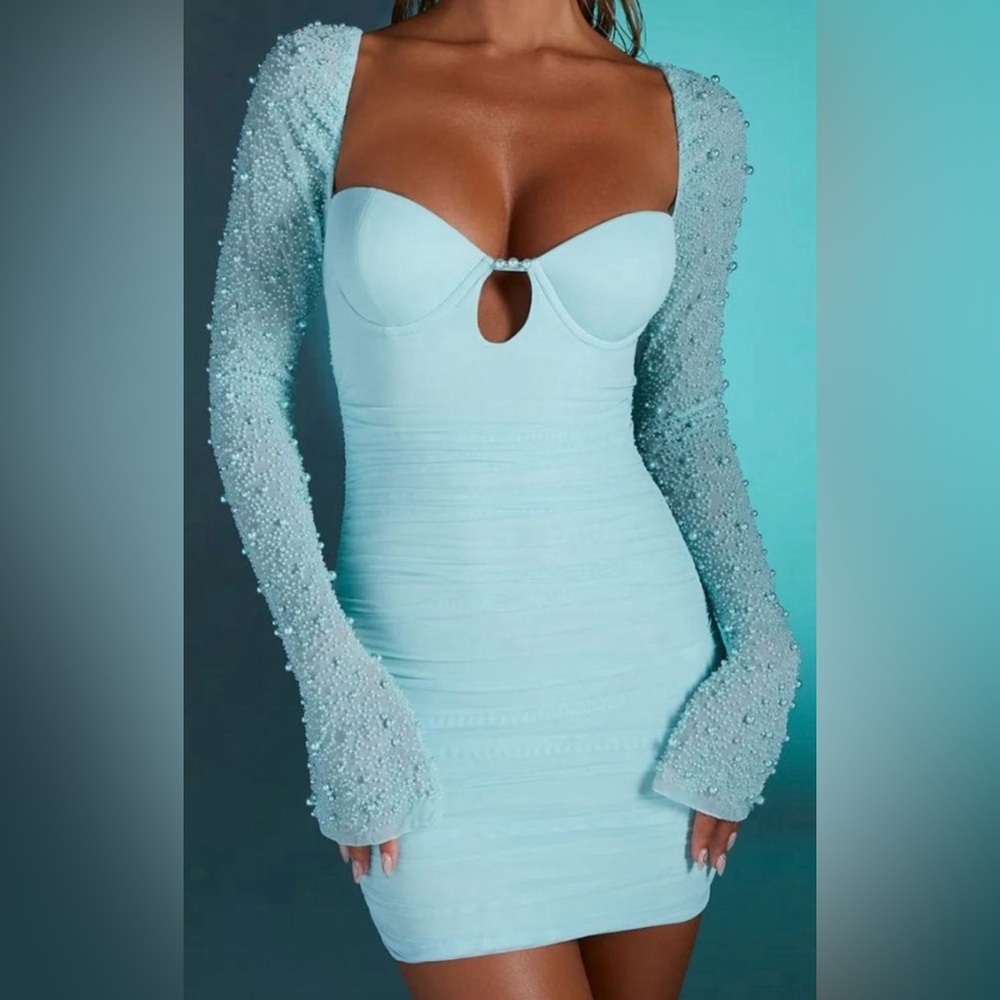 Long sleeve embellished mini dress - US size 8 Teal